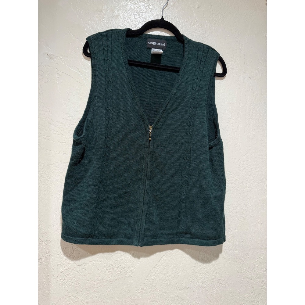 Sage Harbor Womens Green Full Zip Cable Knit Sweater Vest Ramie Cotton Large